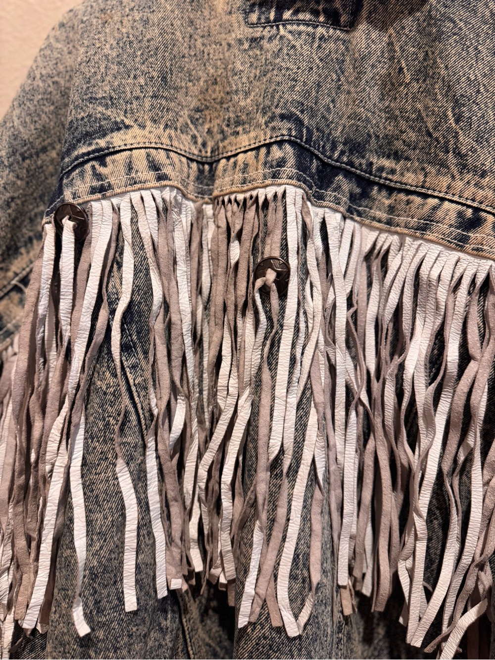 Women's Acid Wash Denim Jacket with White Fringe - Picture 3 of 4